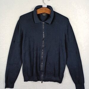 Massimo Dutti Mens XL Extrafine Cotton Navy Waffle Knit Full Zip Sweater Collar